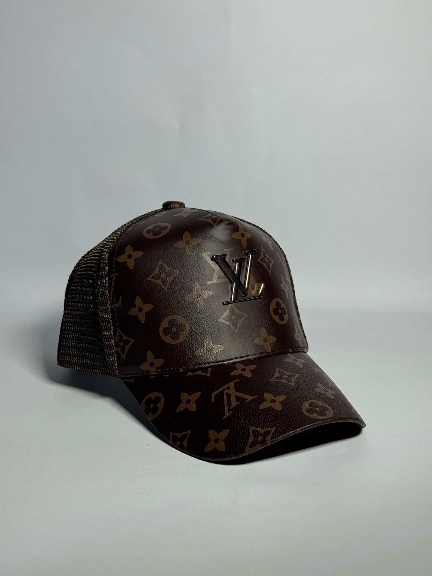 'LV' Patterned Logo Trucker Cap-Black