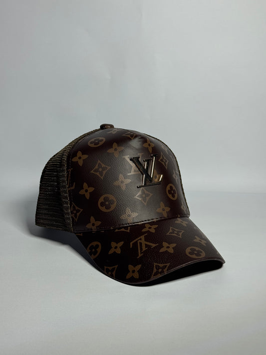 'LV' Patterned Logo Trucker Cap-Black