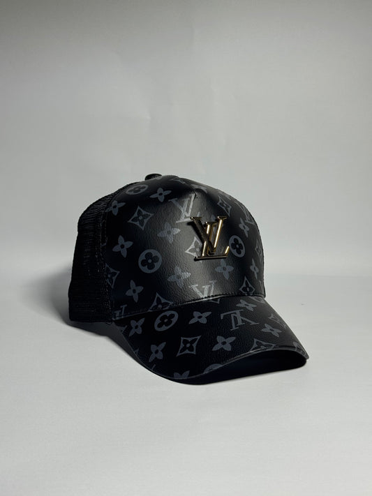 'LV' Patterned Logo Trucker Cap-Black